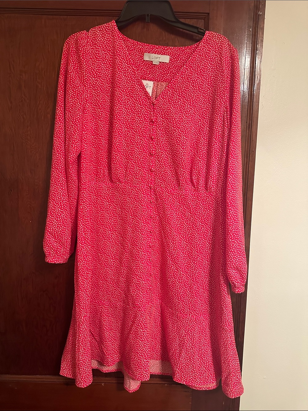 NWT LOFT Women’s Sz 10 Red and White Heart Print Button-Front Fit & Flare Dress - Picture 4 of 14